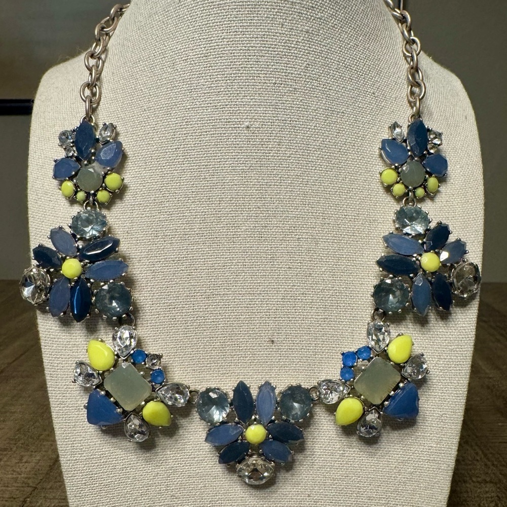Stella and Dot Blue, Yellow, and Clear Crystal Silver Tone Statement Necklace